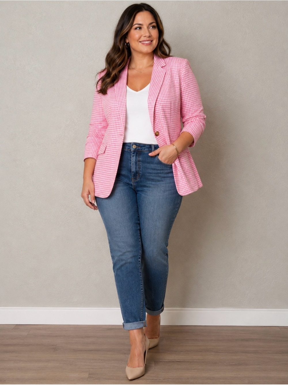 Talbots Pink Gingham Single-Button Blazer Jacket